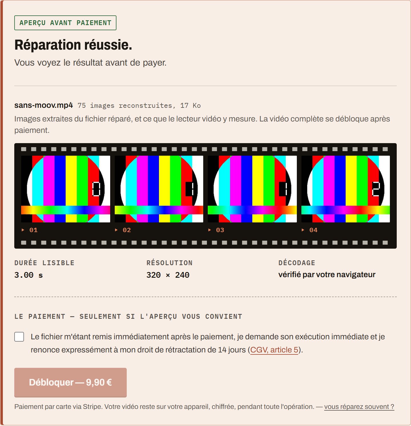 Capture de l'outil SauveVideo après la réparation d'une vidéo de test : « Réparation réussie », quatre images extraites du fichier réparé, la durée lisible et la résolution mesurées par le navigateur, puis le bouton de paiement.